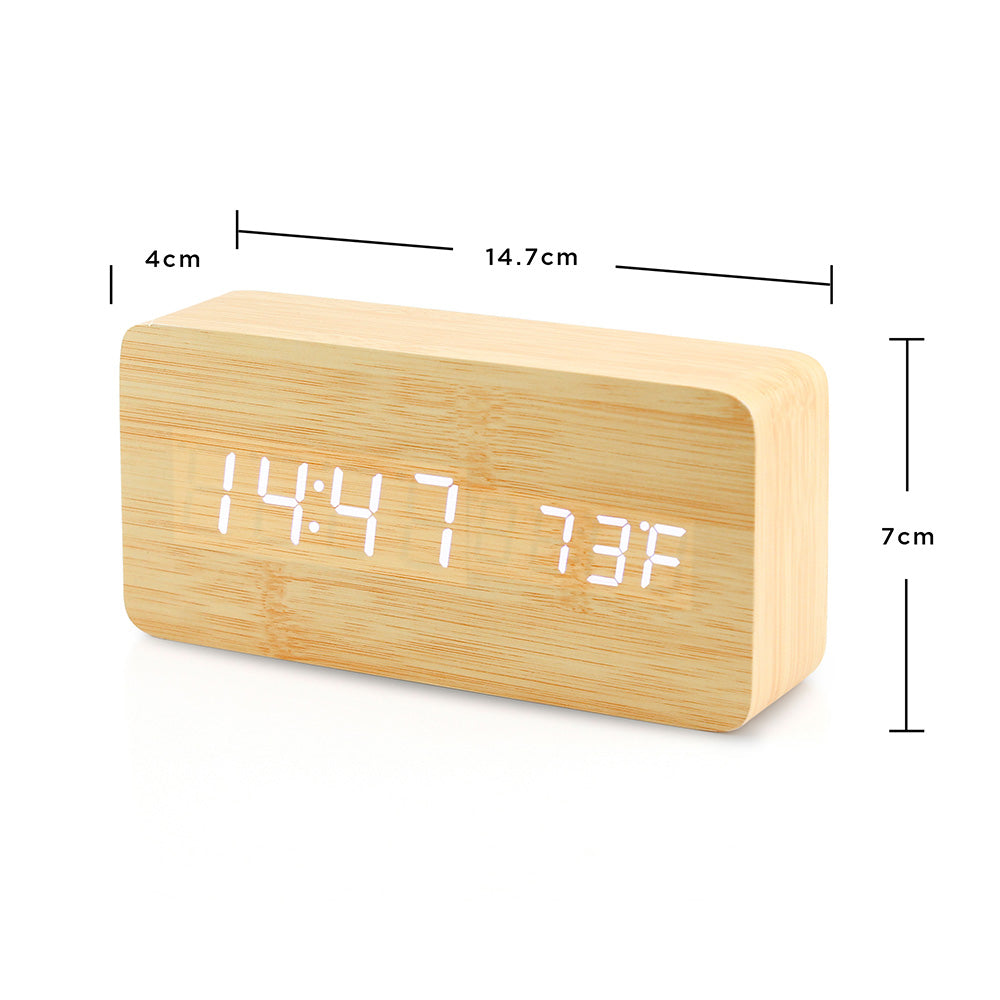 Oct17 Wooden Digital Alarm Clock, Wood Fashion Multi-Function LED Alarm Clock with USB Power Supply, Voice Control, Thermometer