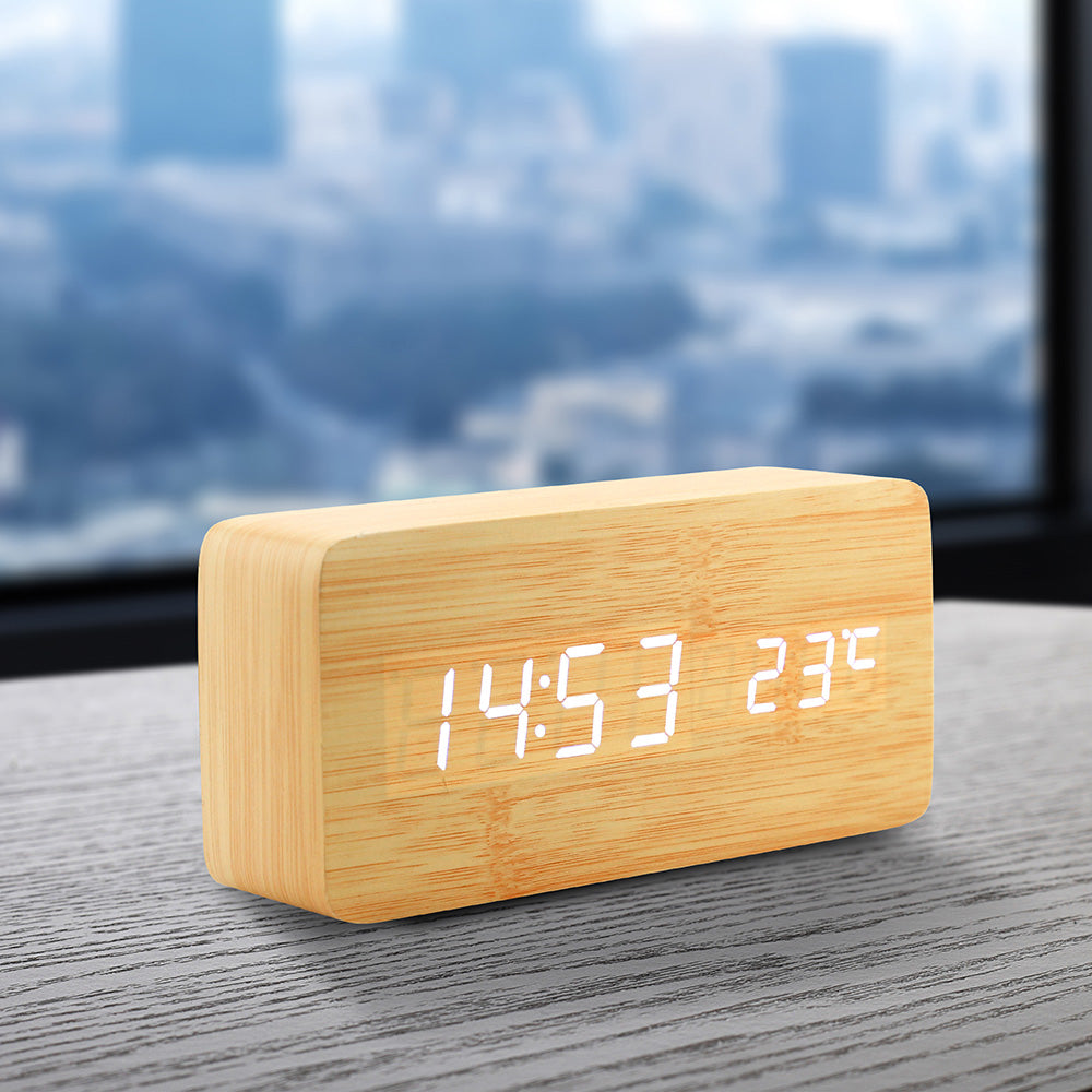 Oct17 Wooden Digital Alarm Clock, Wood Fashion Multi-Function LED Alarm Clock with USB Power Supply, Voice Control, Thermometer