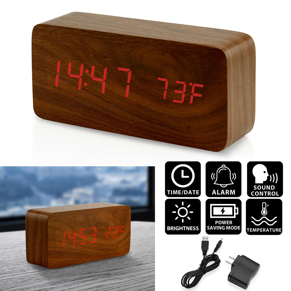 Oct17 Wooden Digital Alarm Clock, Wood Fashion Multi-Function LED Alarm Clock with USB Power Supply, Voice Control, Thermometer