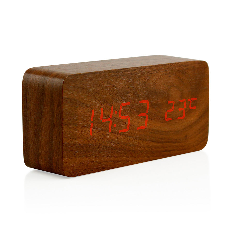 Oct17 Wooden Digital Alarm Clock, Wood Fashion Multi-Function LED Alarm Clock with USB Power Supply, Voice Control, Thermometer