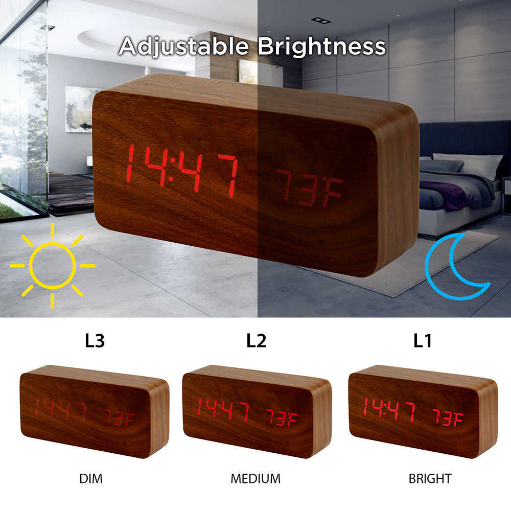 Oct17 Wooden Digital Alarm Clock, Wood Fashion Multi-Function LED Alarm Clock with USB Power Supply, Voice Control, Thermometer