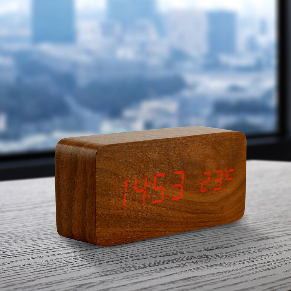 Oct17 Wooden Digital Alarm Clock, Wood Fashion Multi-Function LED Alarm Clock with USB Power Supply, Voice Control, Thermometer