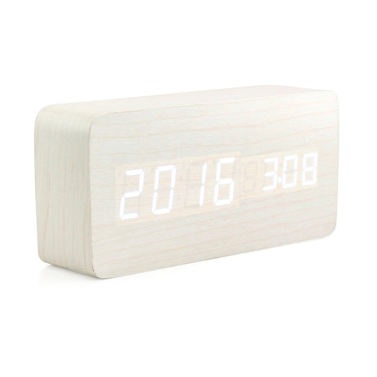 Oct17 Wooden Digital Alarm Clock, Wood Fashion Multi-Function LED Alarm Clock with USB Power Supply, Voice Control, Thermometer