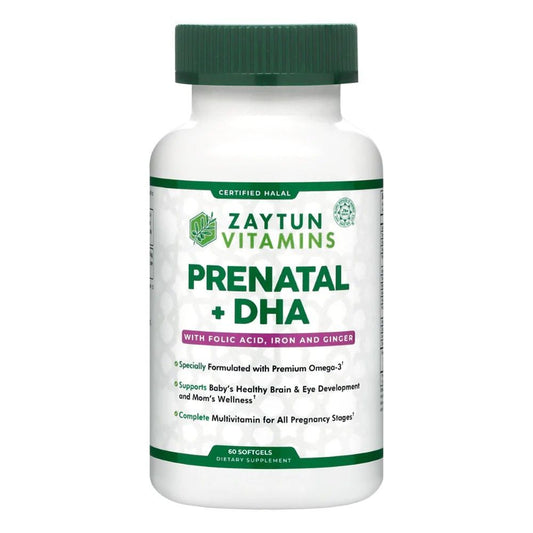 Zaytun Halal Prenatal Vitamins + DHA, Folic Acid, Iron, Ginger - Gluten Free, Non-GMO, 60 Softgels, 2 Months Supply