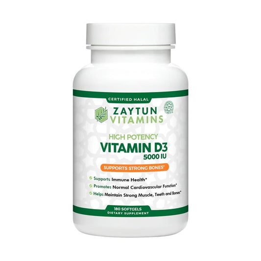 Zaytun Halal Vitamin D3, 5000 IU, 180 Softgels, Supports Bone Health & Immune Function, Premium Quality, 6 Months Supply, Non-GMO, Gluten-Free