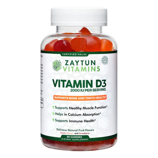 Zaytun Halal Vitamin D3 2000 IU Gummies, Supports Bone & Immune Health, Promotes Muscle Function, Gluten & Gelatin Free, 90 Natural Fruit Flavor Gummies