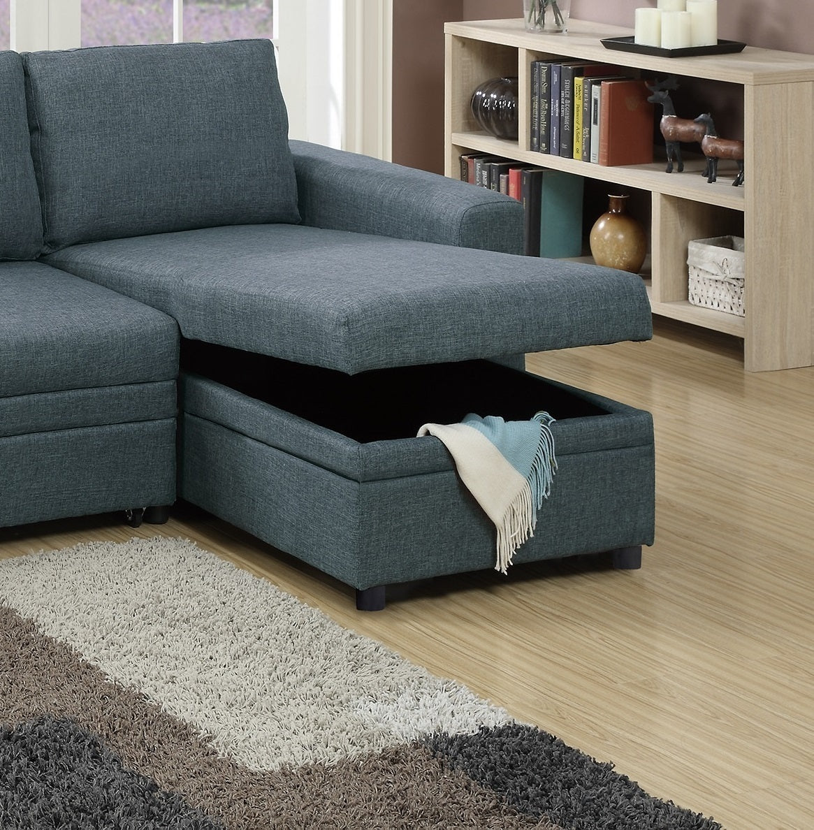 Convertible Sectional Blue Grey Color Polyfiber Reversible Chaise Storage Sofa Pull Out Bed Couch