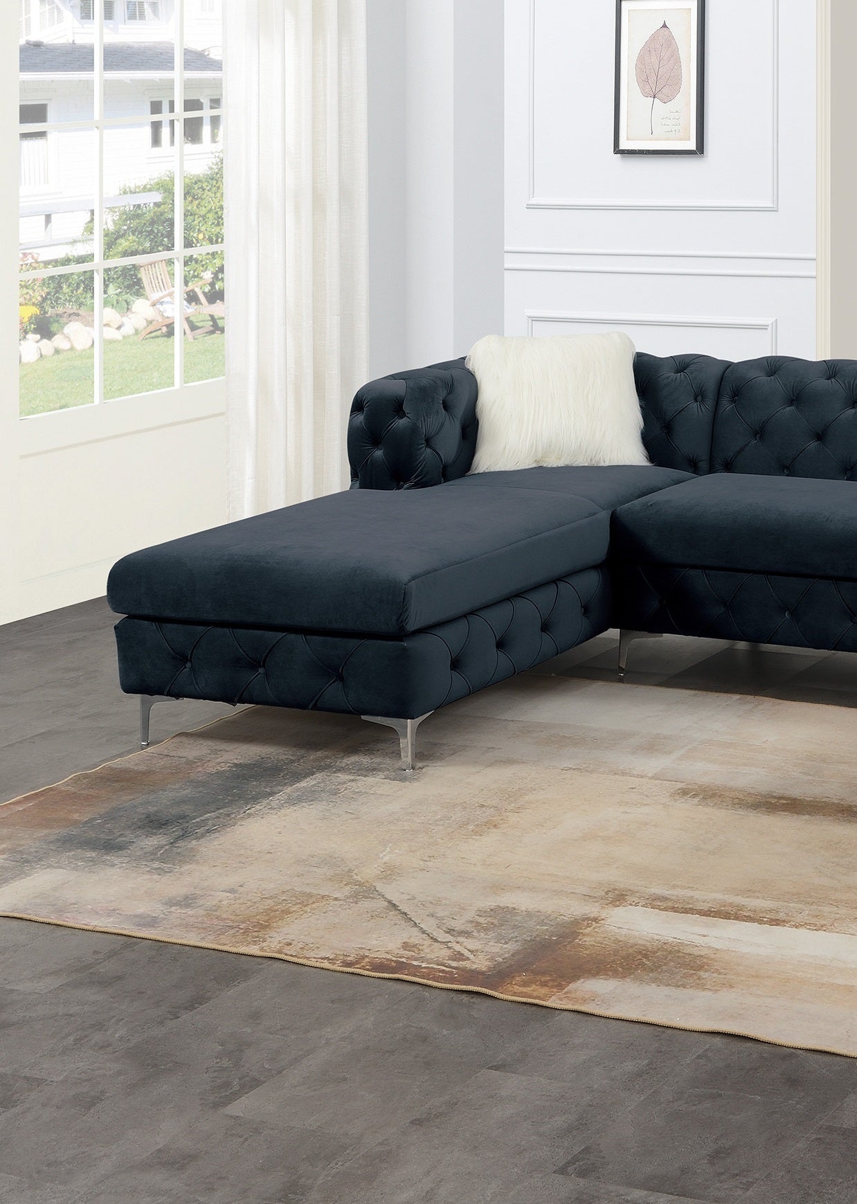 Gorgeous Living Room U-Sectional Black Velvet Tufted Cushion Couch with LAF and RAF Chaise and Armless Loveseat