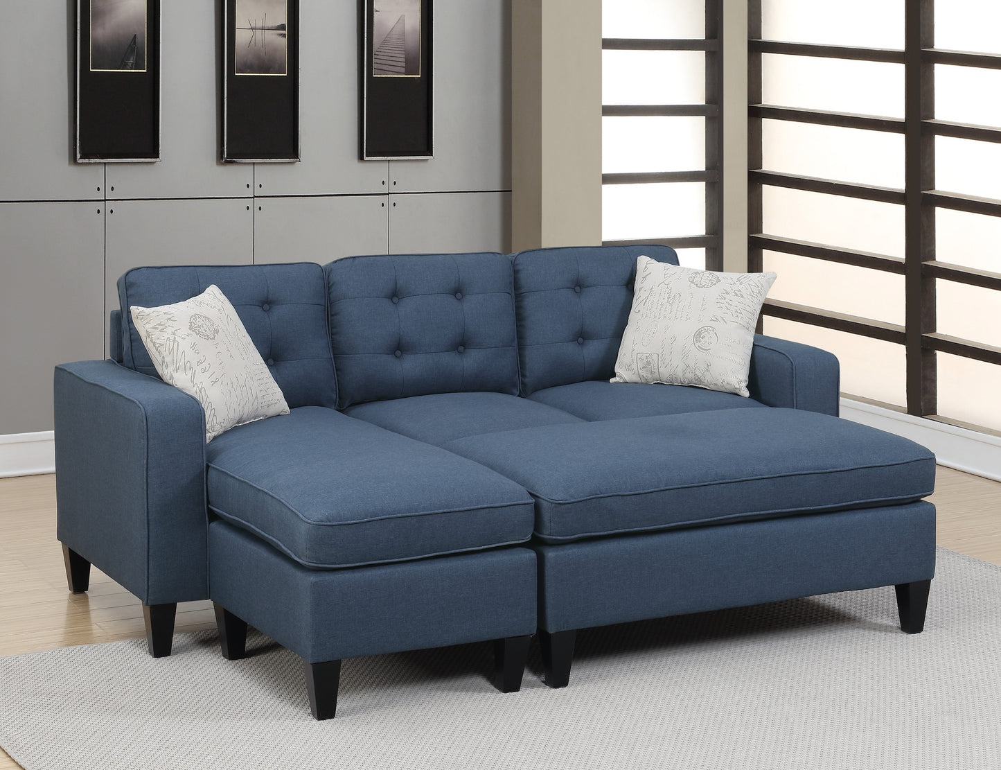 Reversible Navy Tufted 3pc Sectional Sofa Set with Wood Legs, Chaise, Ottoman, Pillows, and Cushion Couch