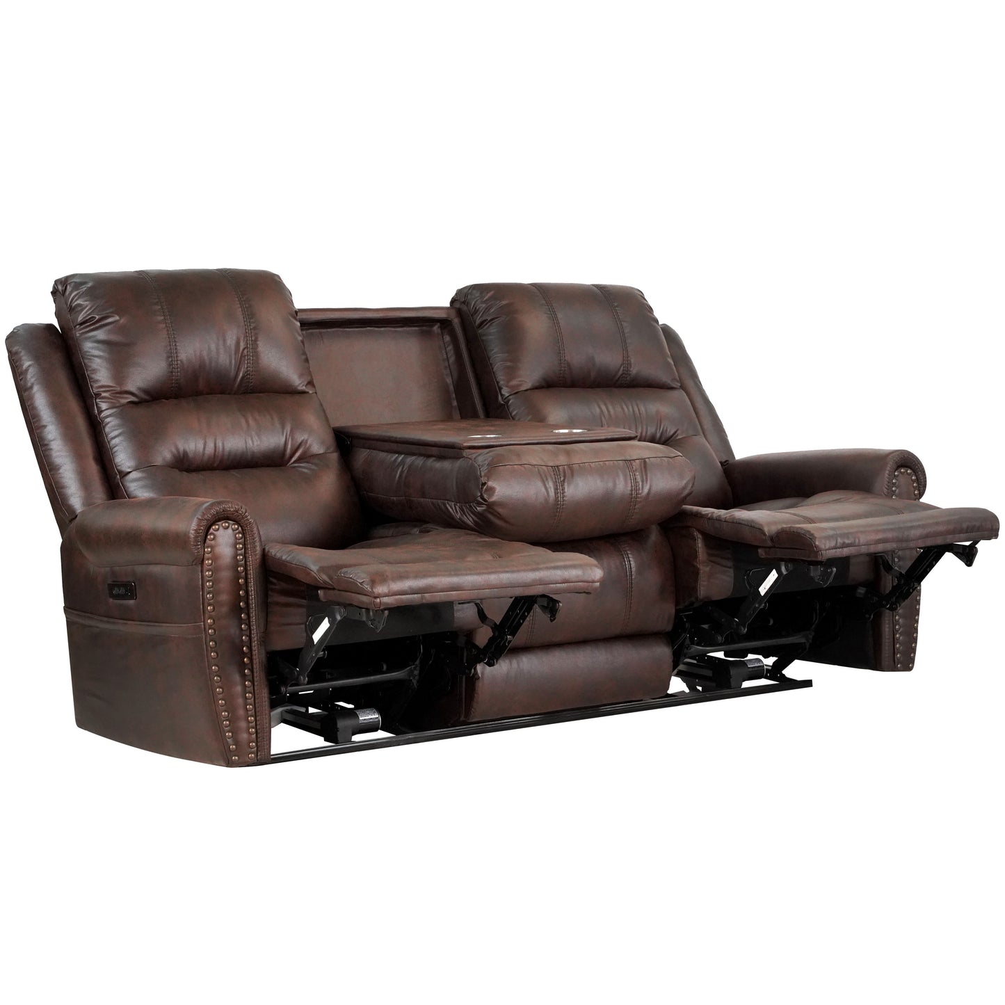 Slora Leather Gel Power Reclining Sofa with Headrest & Dropdown Center Table - Brown, 81.5"