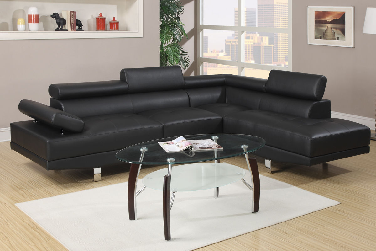 Black Faux Leather Sectional Living Room Furniture with Adjustable Headrest: Right Facing Chaise & Left Facing Sofa