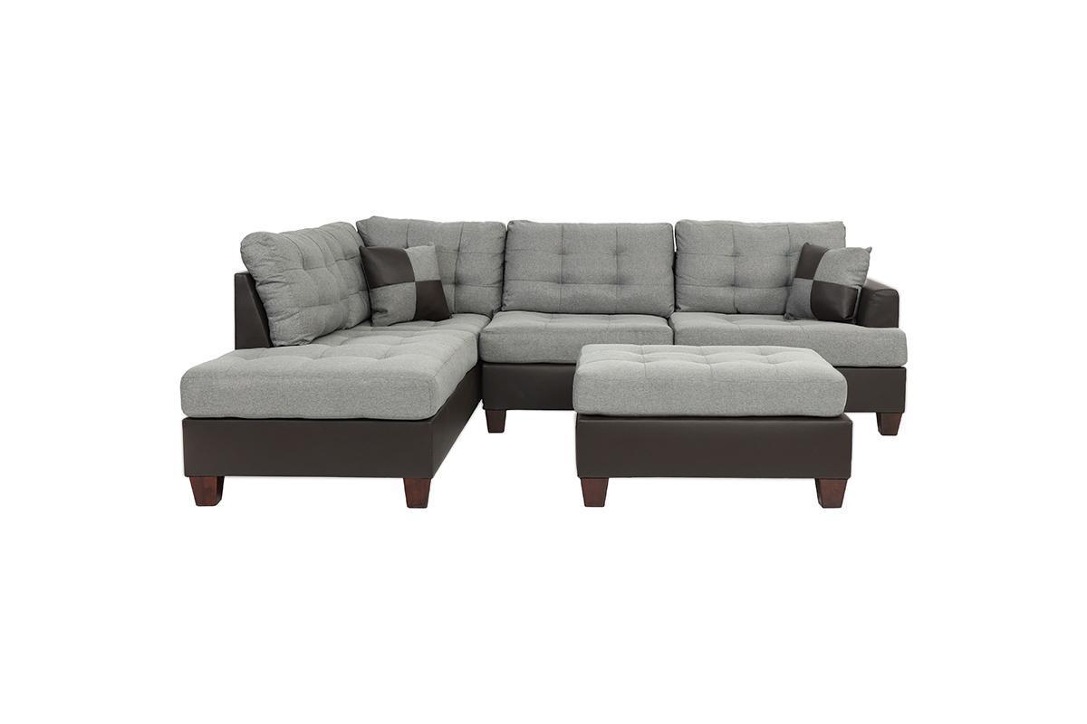 Contemporary Grey Polyfiber Linen Sectional Sofa with Reversible Chaise, Ottoman, and Cushioned Tufted Design - 3pc Set for Living Room Furniture with Pillows