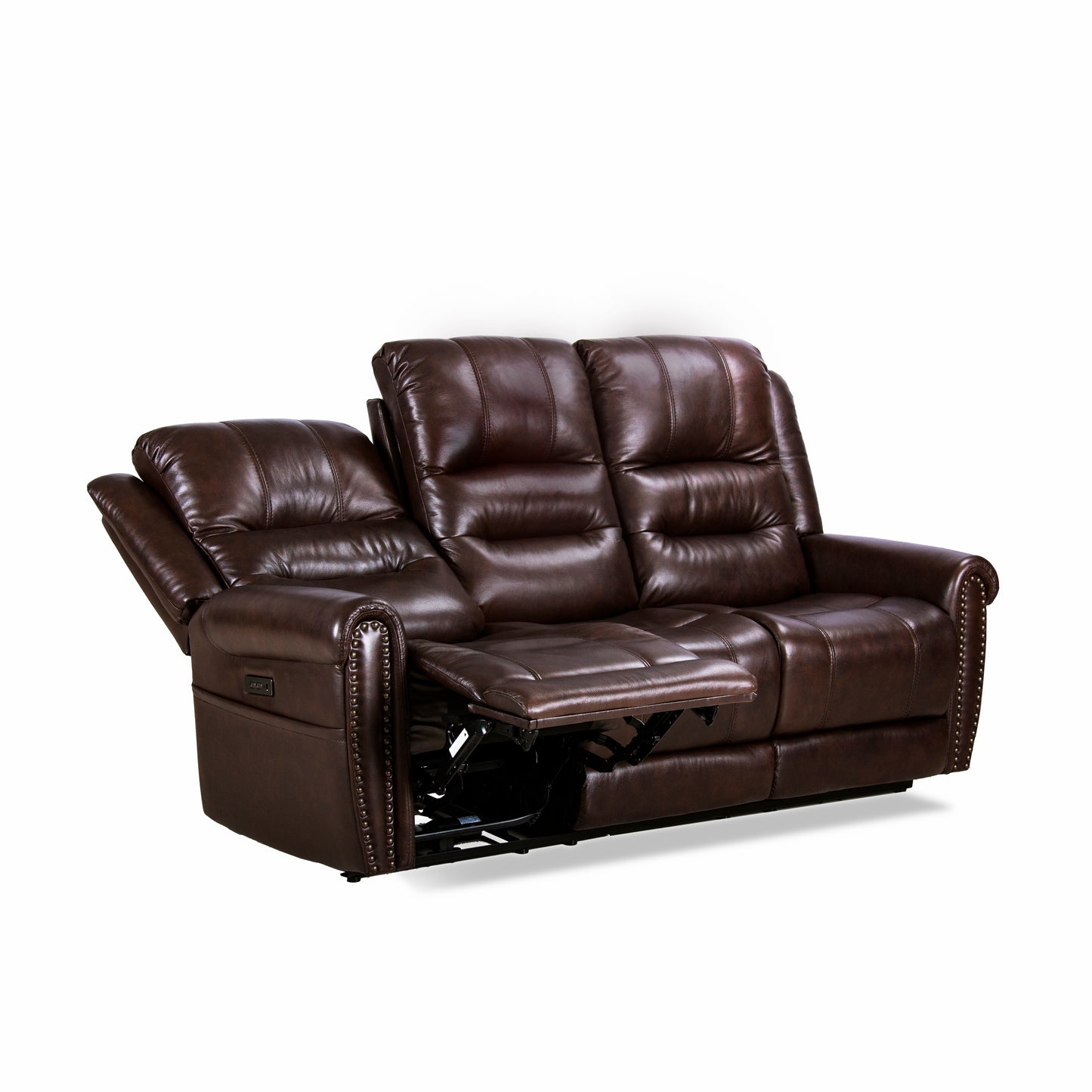 Espoo Leather Nailhead Dropdown Table Power Reclining Sofa - Brown