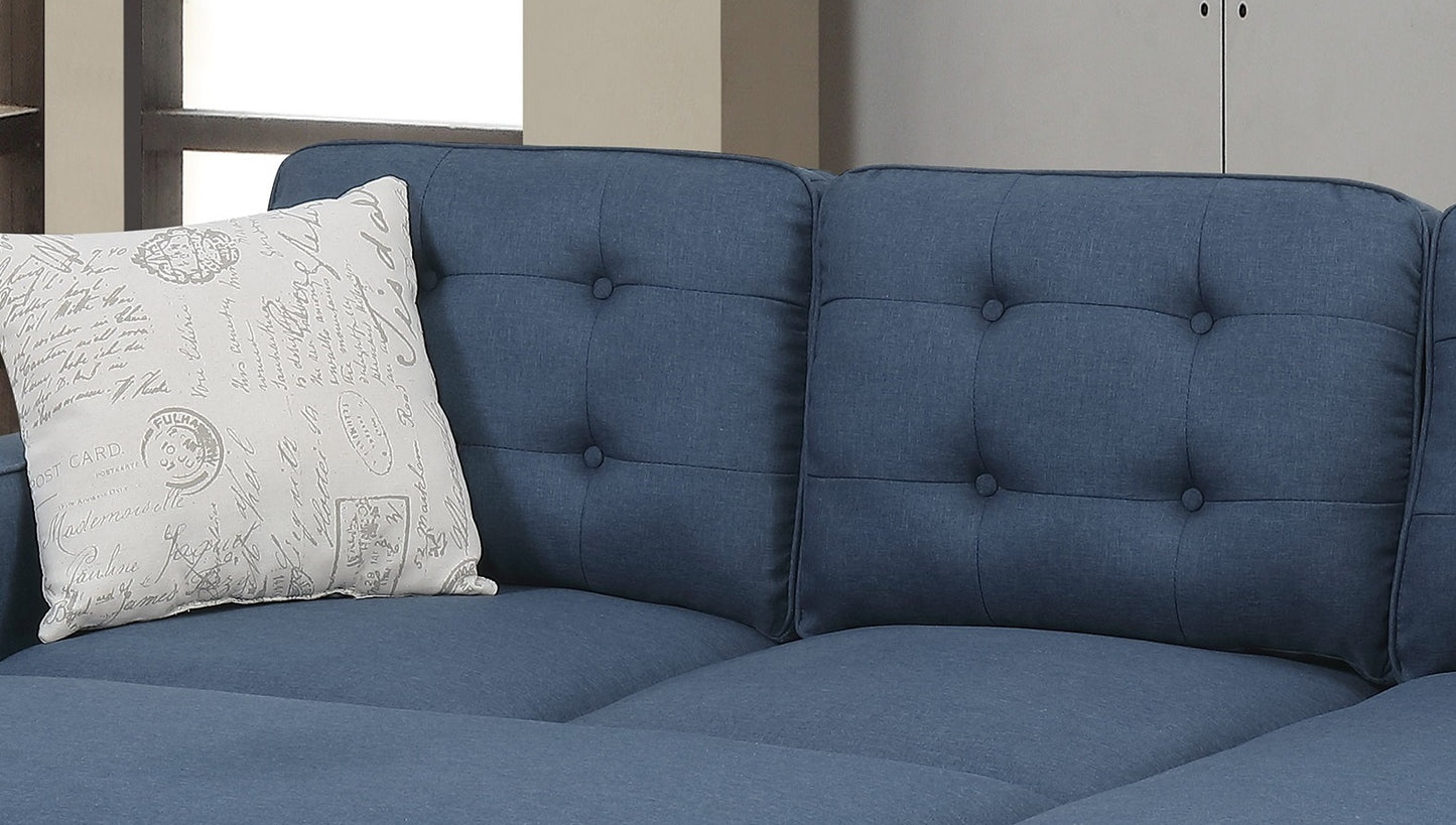 Reversible Navy Tufted 3pc Sectional Sofa Set with Wood Legs, Chaise, Ottoman, Pillows, and Cushion Couch