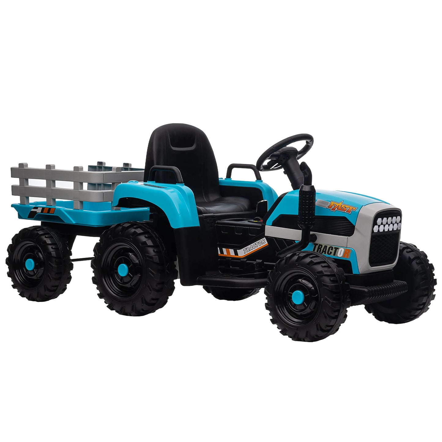 12V Battery Powered Ride on Tractor with Trailer for Kids | Remote Control | 3-Speed Adjustable | Power Display | USB, MP3, Bluetooth | LED Light | Two-Point Safety Belt | Blue