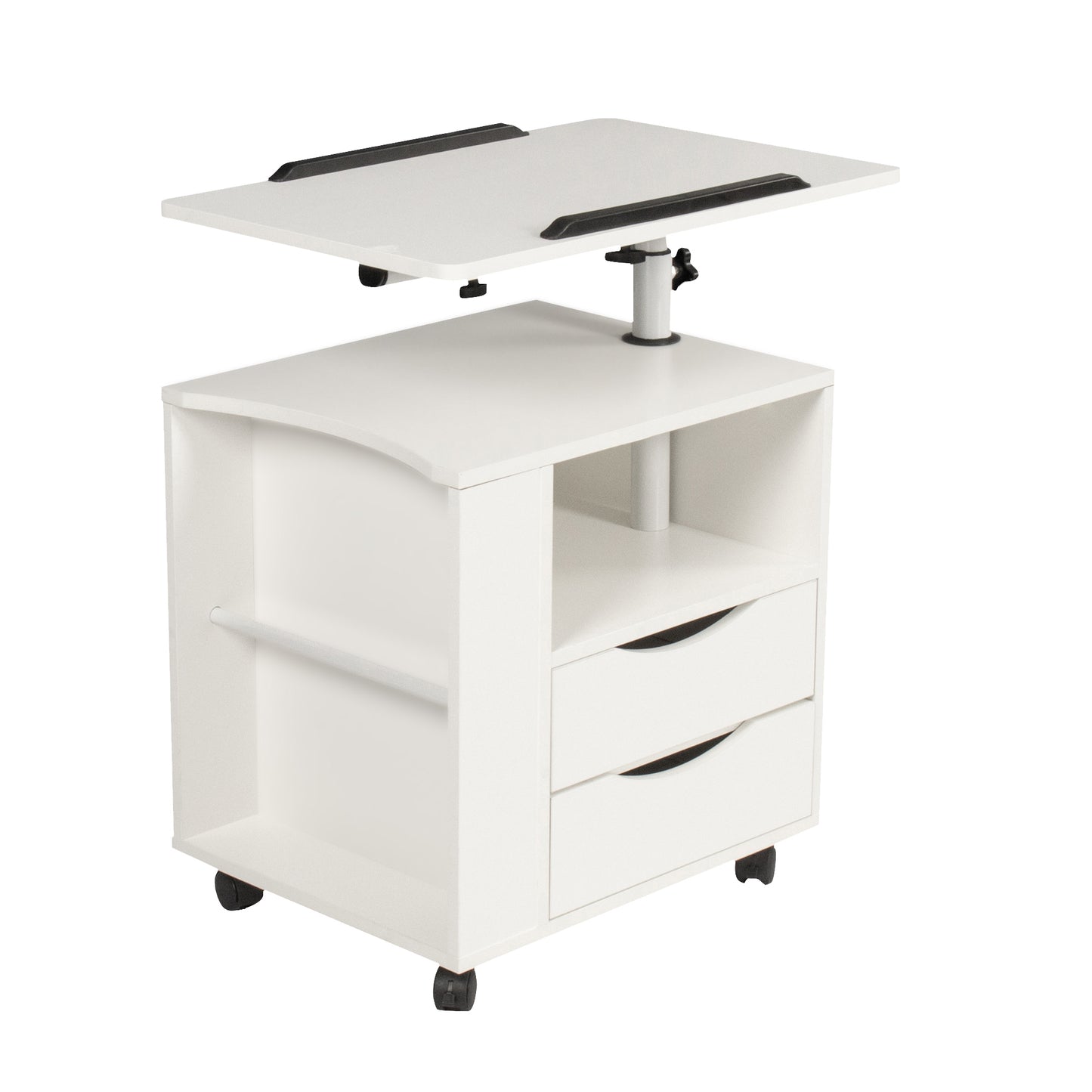 Height Adjustable Overbed End Table Wooden Nightstand with Swivel Top, Storage Drawers, Wheels and Open Shelf,(White)