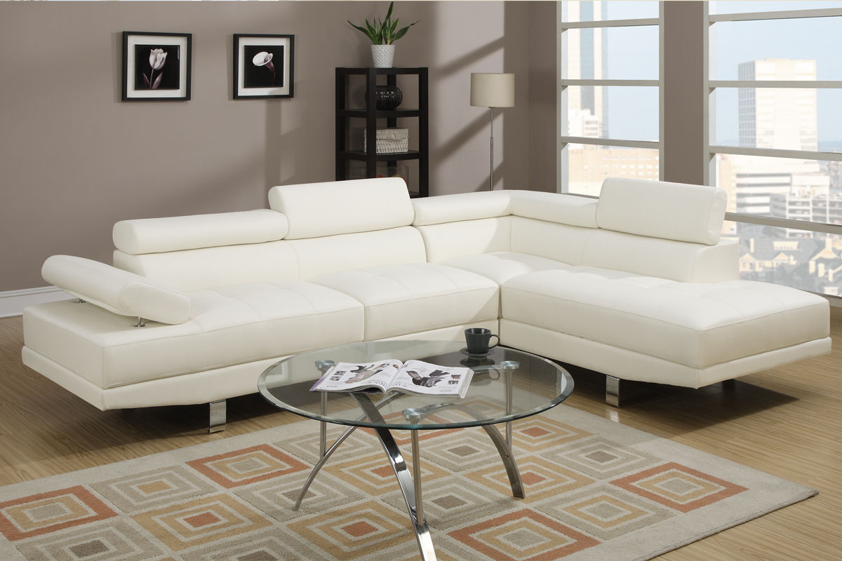 White Faux Leather Sectional Living Room Furniture with Adjustable Headrest - Right Facing Chaise & Left Facing Sofa (Color: White, Size: Sectional)