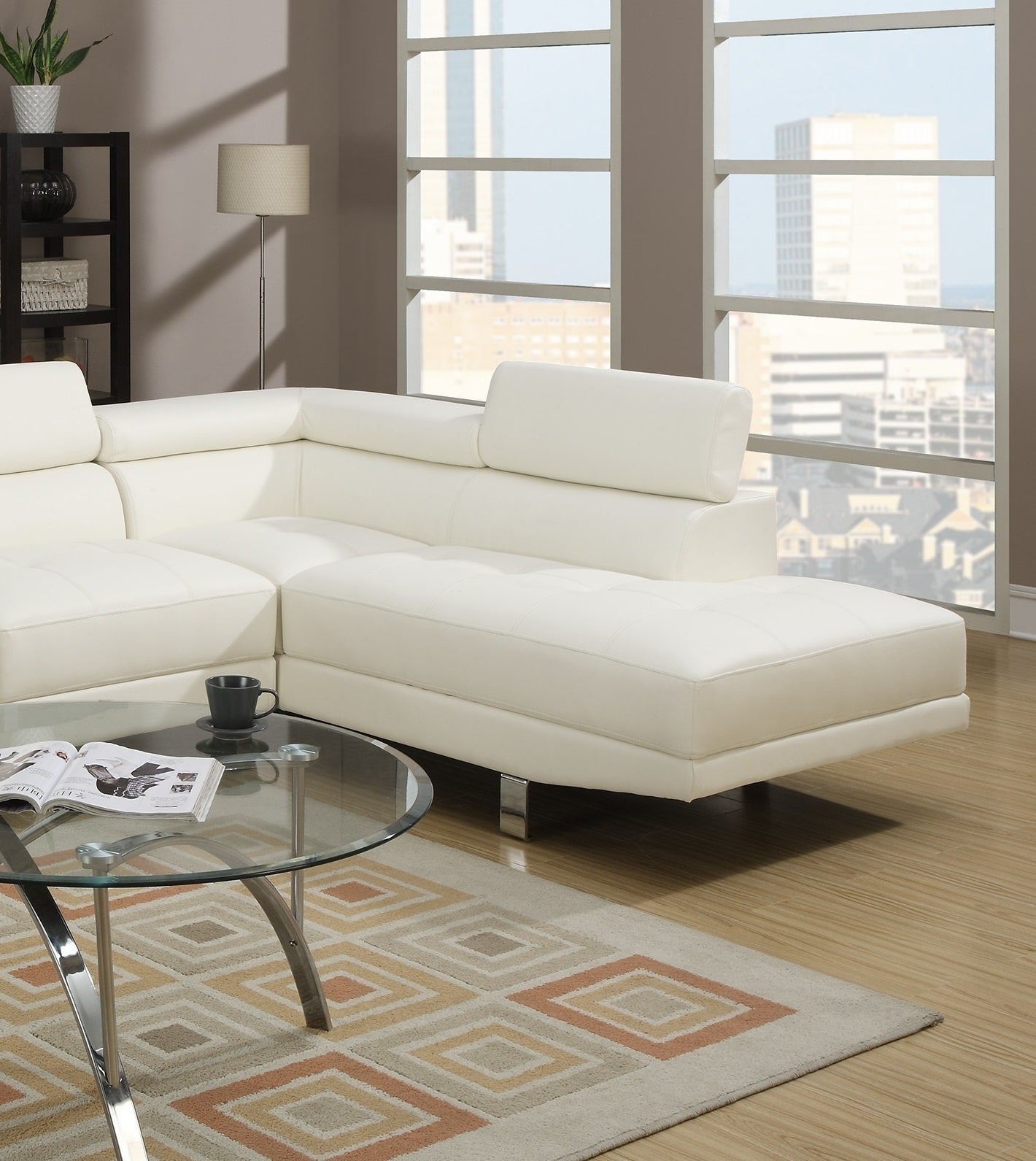 White Faux Leather Sectional Living Room Furniture with Adjustable Headrest - Right Facing Chaise & Left Facing Sofa (Color: White, Size: Sectional)