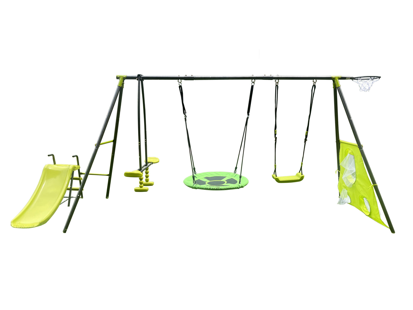 XNS052 Green and Blue Six Function Swingset with Net Swing - 440lbs Capacity - Outdoor Playground for Age 3+ - 31.5in Net Swing