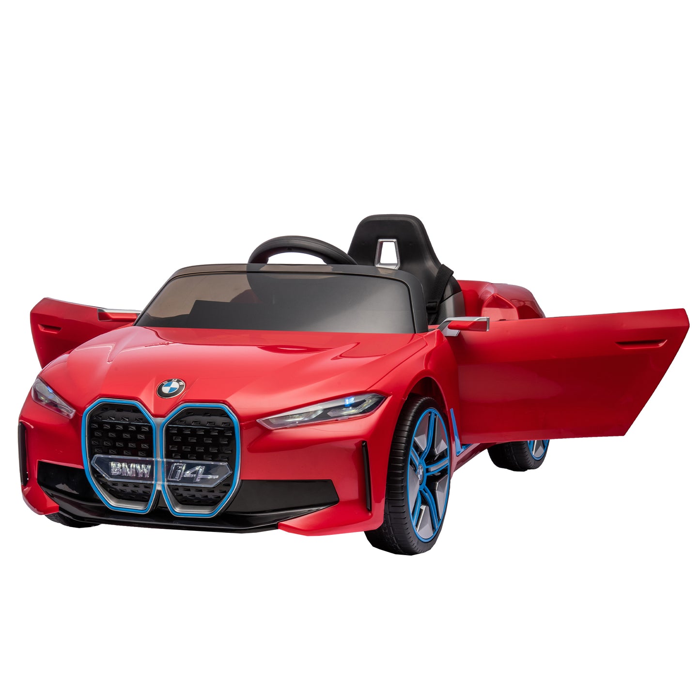 Licensed BMW I4 12V Kids Ride-On Car: Remote Control, 3 Speeds, Power Display, USB, MP3, Bluetooth, LED Lights, Safety Belt, Story