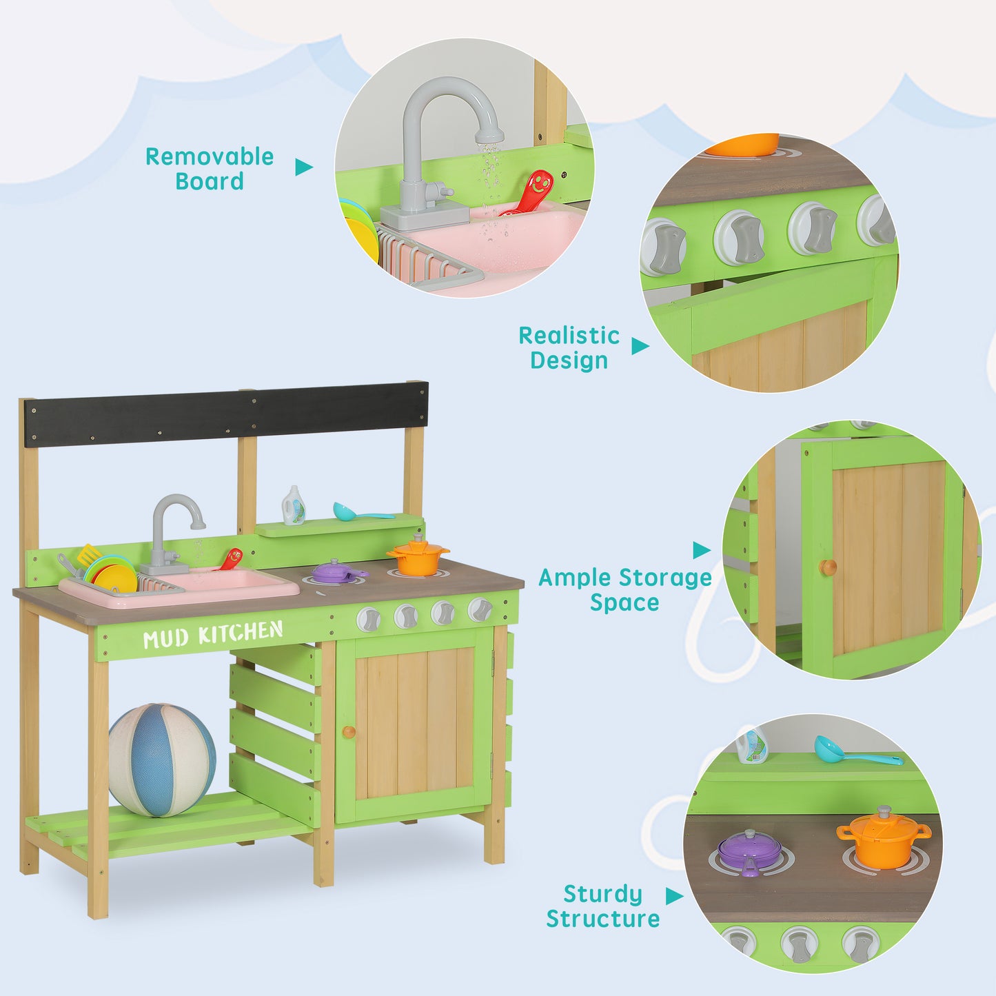 Wooden Kids Kitchen Playset: Indoor/Outdoor Pretend Mud Kitchen Toy for Toddlers - Colorful and Spacious Play Kitchen Set