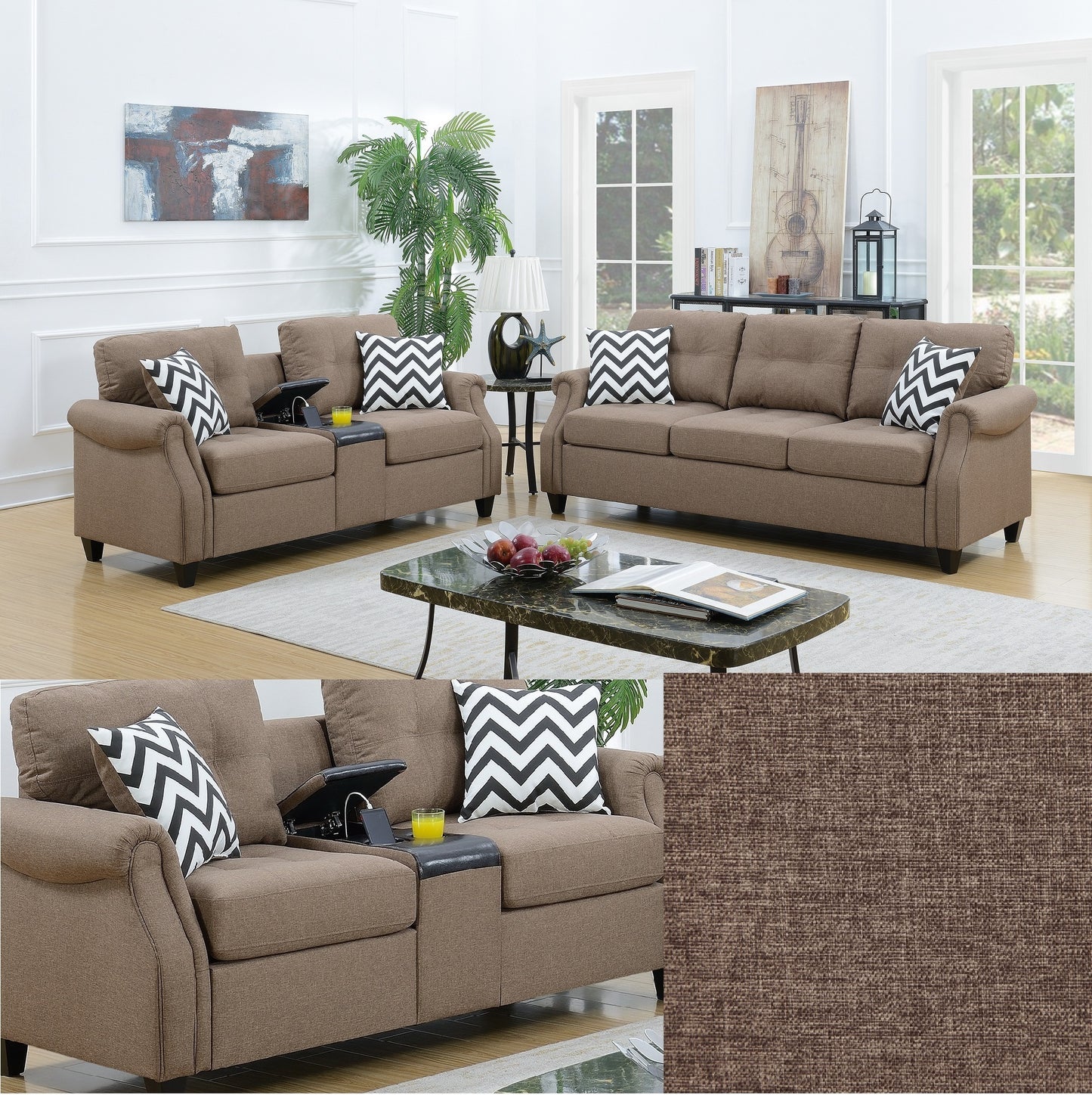 2pcs Sofa Set Living Room Furniture Light Coffee Plush Polyfiber Sofa Loveseat with Console Pillows Couch