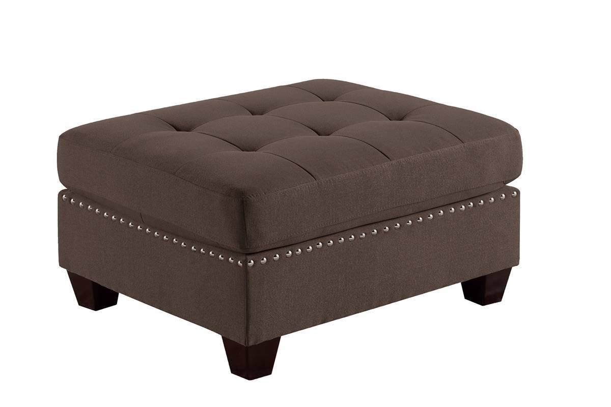 Modular 6pc Living Room Furniture Set: L-Sectional Sofa in Black Coffee Linen-Like Fabric, Tufted Nailheads, 2x Corner Wedge, 2x Armless Chairs, and 2x Ottomans