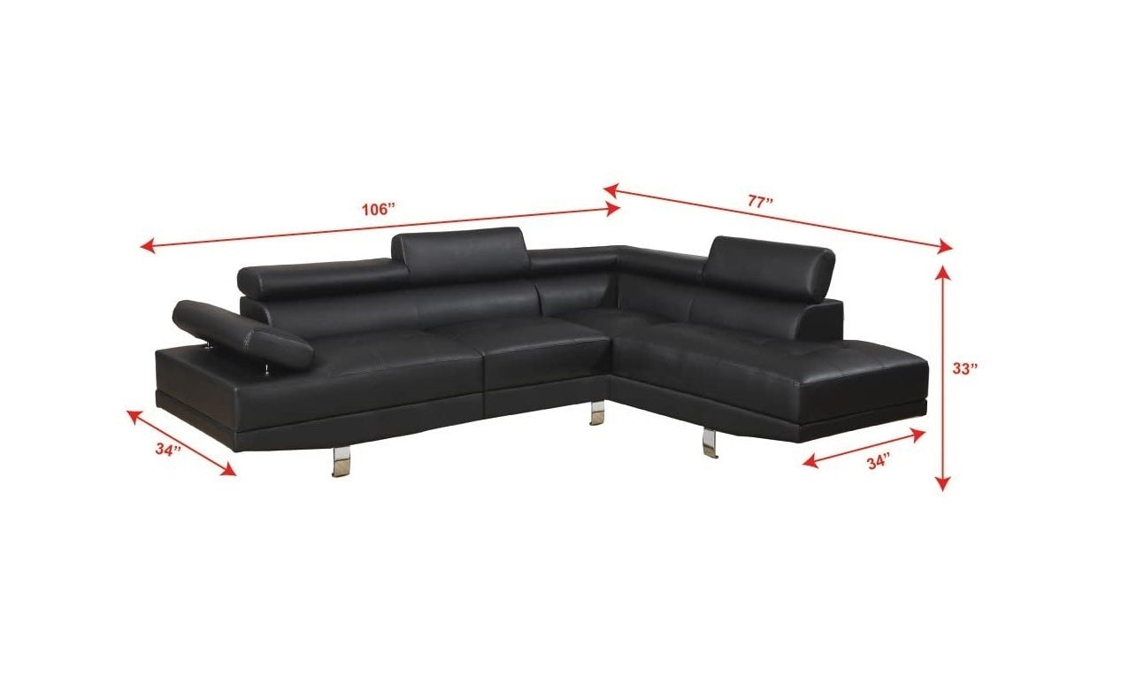 Black Faux Leather Sectional Living Room Furniture with Adjustable Headrest: Right Facing Chaise & Left Facing Sofa