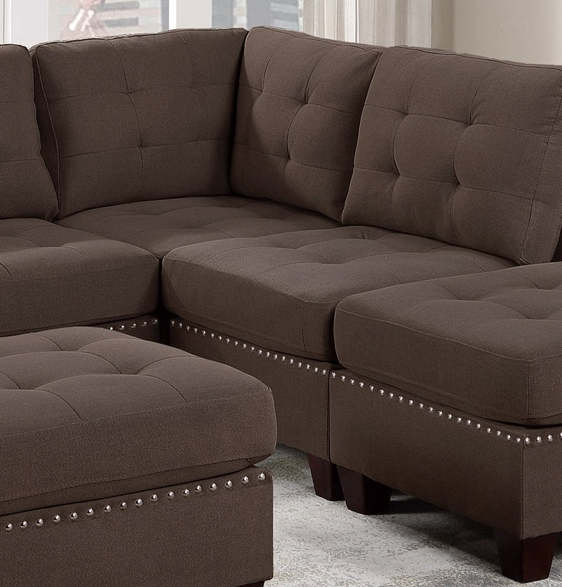 Modular 6pc Living Room Furniture Set: L-Sectional Sofa in Black Coffee Linen-Like Fabric, Tufted Nailheads, 2x Corner Wedge, 2x Armless Chairs, and 2x Ottomans