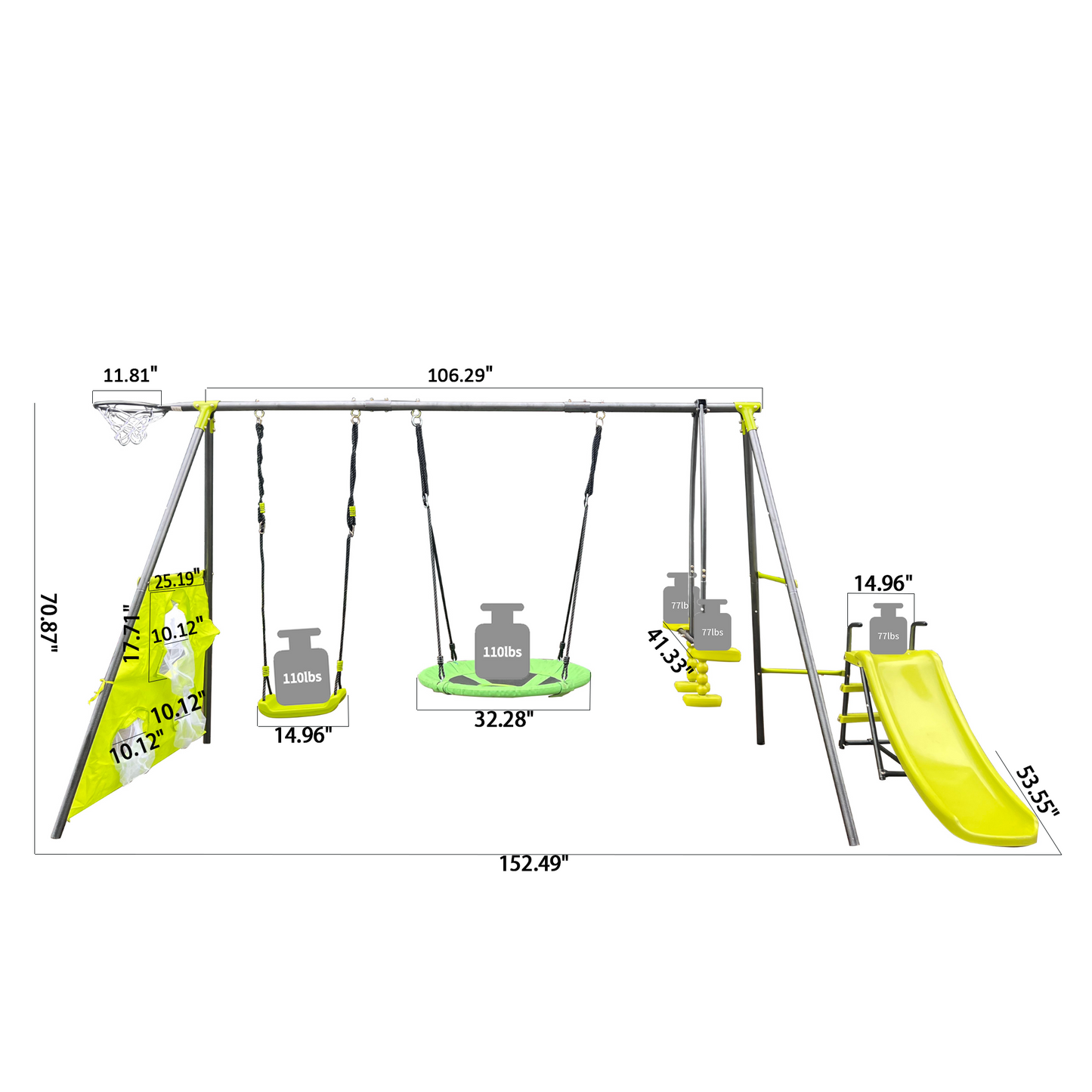 XNS052 Green and Blue Six Function Swingset with Net Swing - 440lbs Capacity - Outdoor Playground for Age 3+ - 31.5in Net Swing