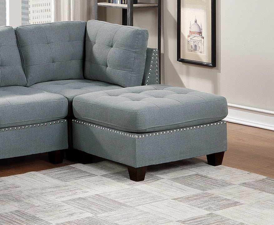 Modular Sectional 6pc Set Living Room Furniture - U-Sectional Tufted Nail Heads Couch in Gray Linen-Like Fabric with 2x Corner Wedge, 2x Armless Chairs, and 2x Ottomans