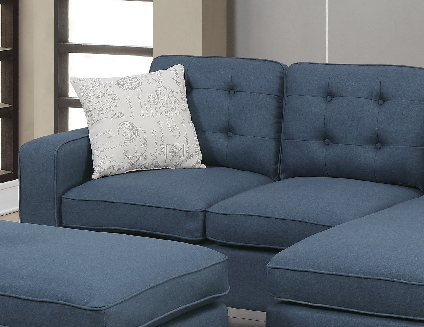 Reversible Navy Tufted 3pc Sectional Sofa Set with Wood Legs, Chaise, Ottoman, Pillows, and Cushion Couch