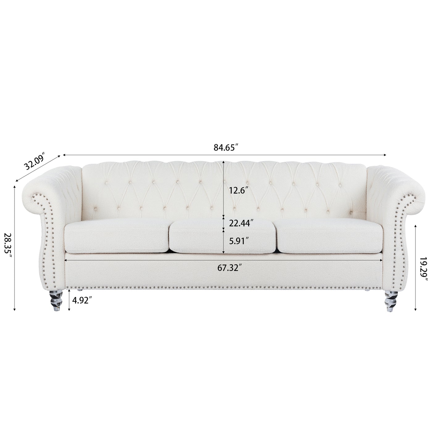 84.65" Rolled Arm Chesterfield 3 Seater Sofa - Classic Design, Plush Comfort, Multiple Color Options