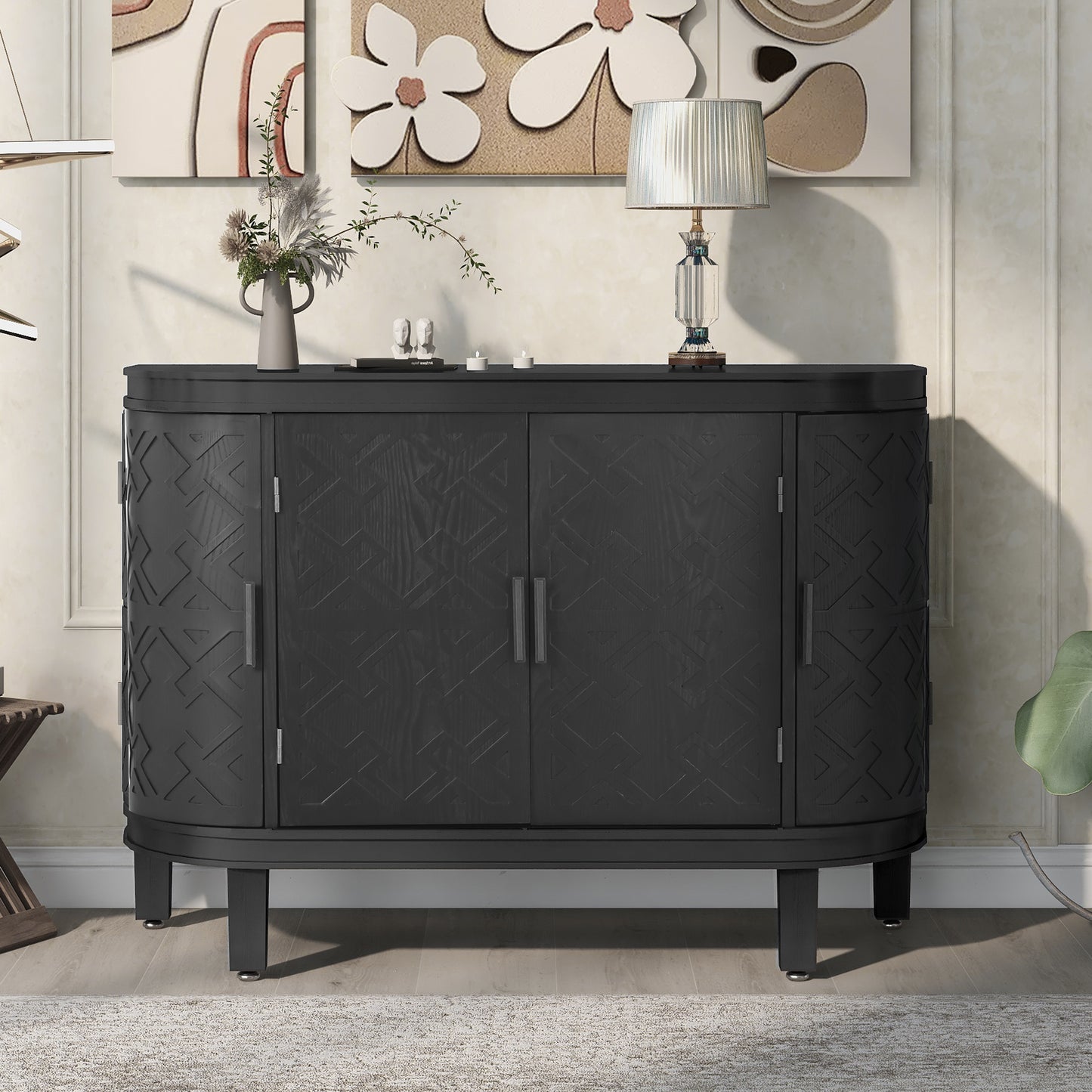 U-Style Accent Storage Cabinet Sideboard Wooden Cabinet with Antique Pattern Doors for Hallway, Entryway, Living Room