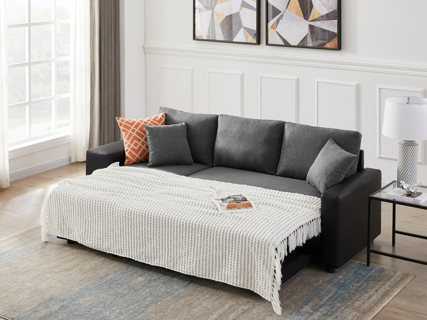 Linen Reversible Sleeper Sectional Sofa with Storage: Artemax 92.5" - Steel Gray, Includes 2 Stools