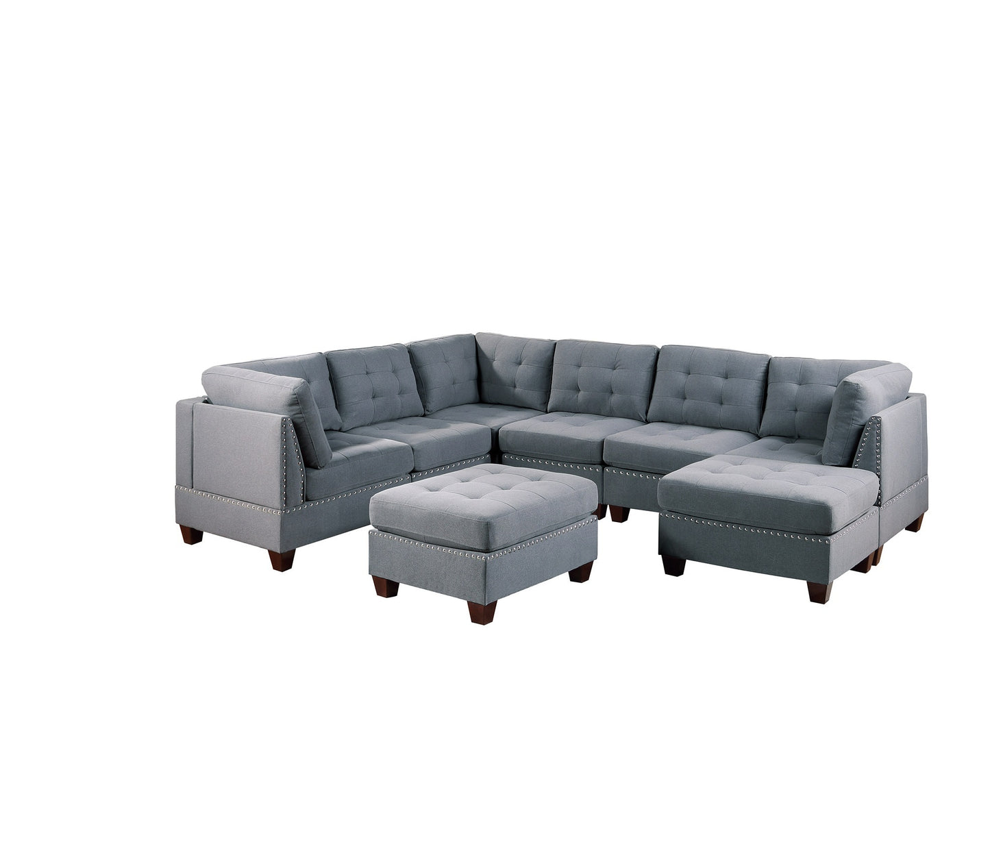 Modular Sectional 9pc Set Gray Linen-Like Fabric Living Room Furniture - Tufted Nail heads, Corner Sectional, 3x Corner Wedge, 4x Armless Chairs, 2x Ottomans