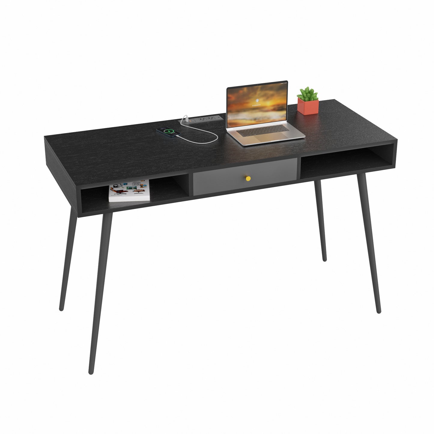 Computer Desk with USB Ports and Power Outlet Modern Writing Study Desk with Drawers