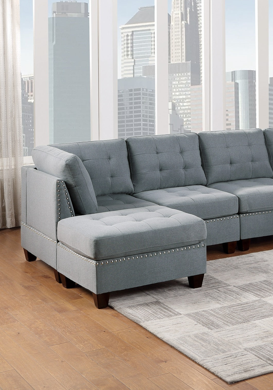 Modular Sectional 6pc Set Living Room Furniture - U-Sectional Tufted Nail Heads Couch in Gray Linen-Like Fabric with 2x Corner Wedge, 2x Armless Chairs, and 2x Ottomans