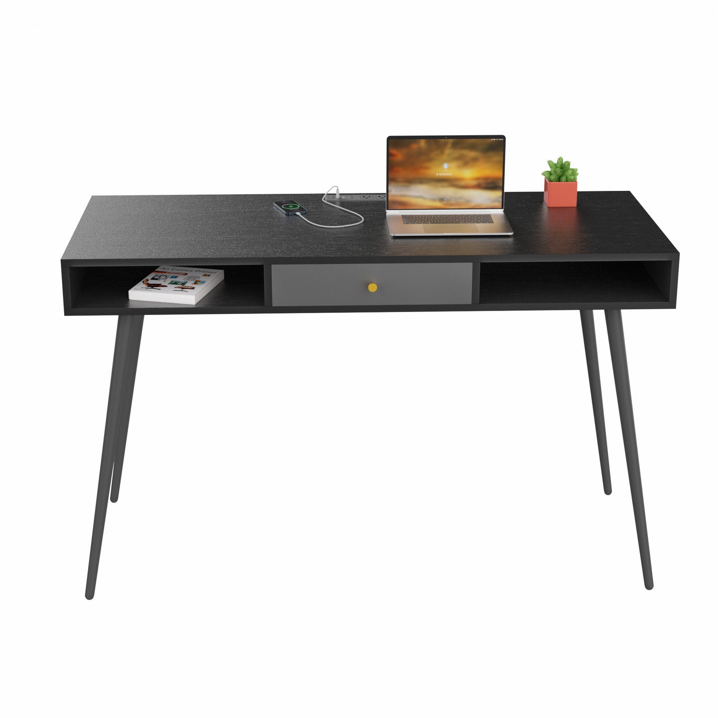 Computer Desk with USB Ports and Power Outlet Modern Writing Study Desk with Drawers