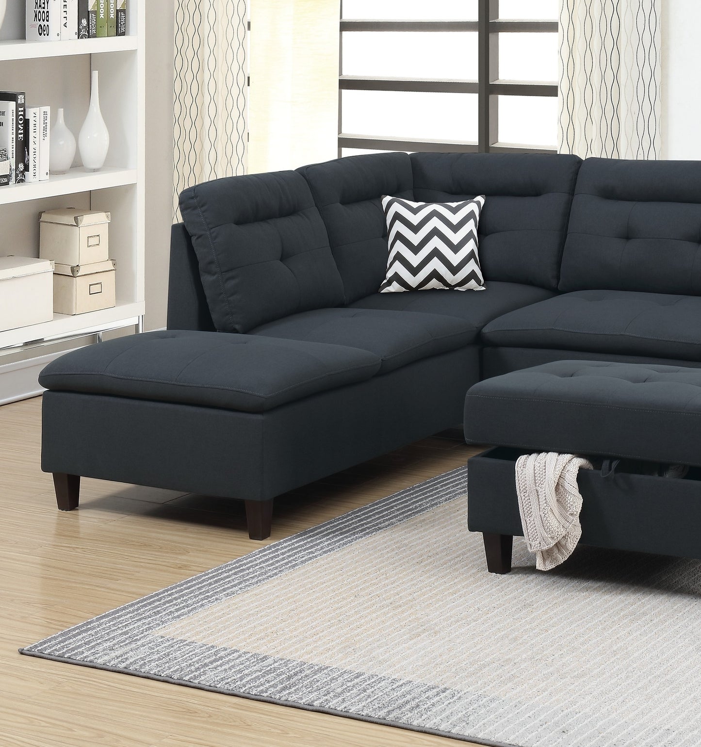 Living Room Furniture: Black Cushion Sectional with Ottoman in Linen-Like Fabric - Sofa Chaise