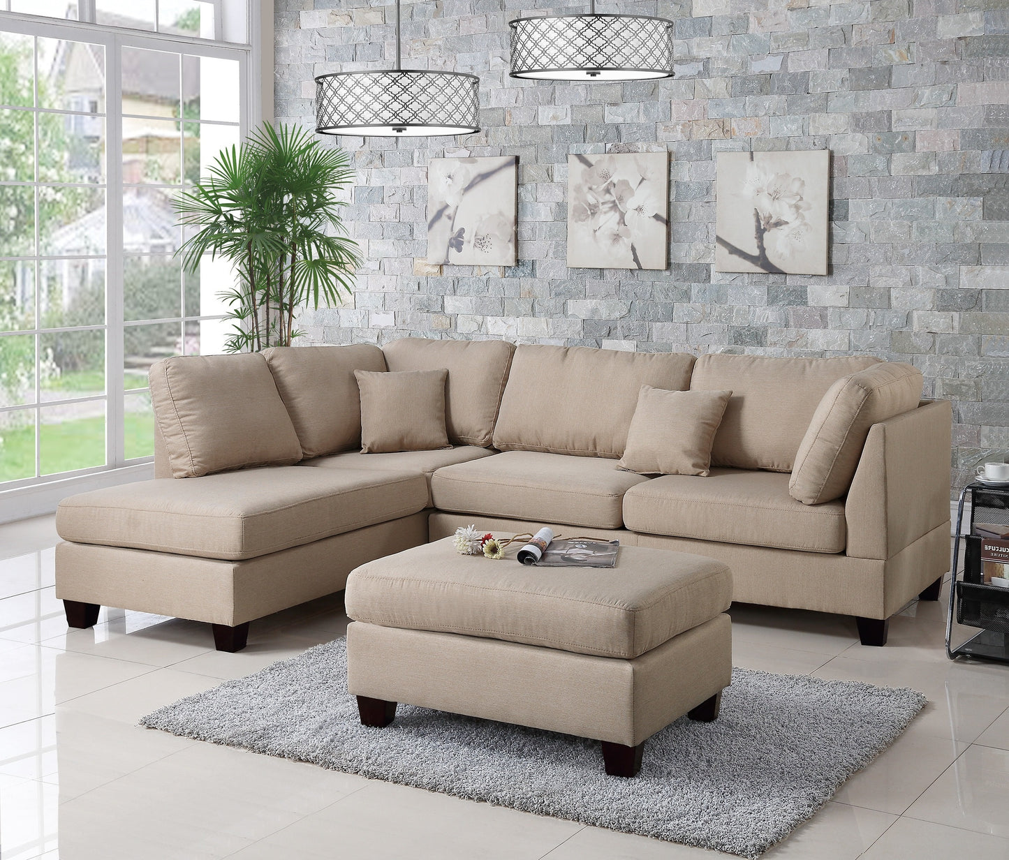 3pcs Reversible Chaise Sofa & Ottoman Set - Sand Color Polyfiber Linen Fabric Cushion Couch - Sectional Living Room Furniture