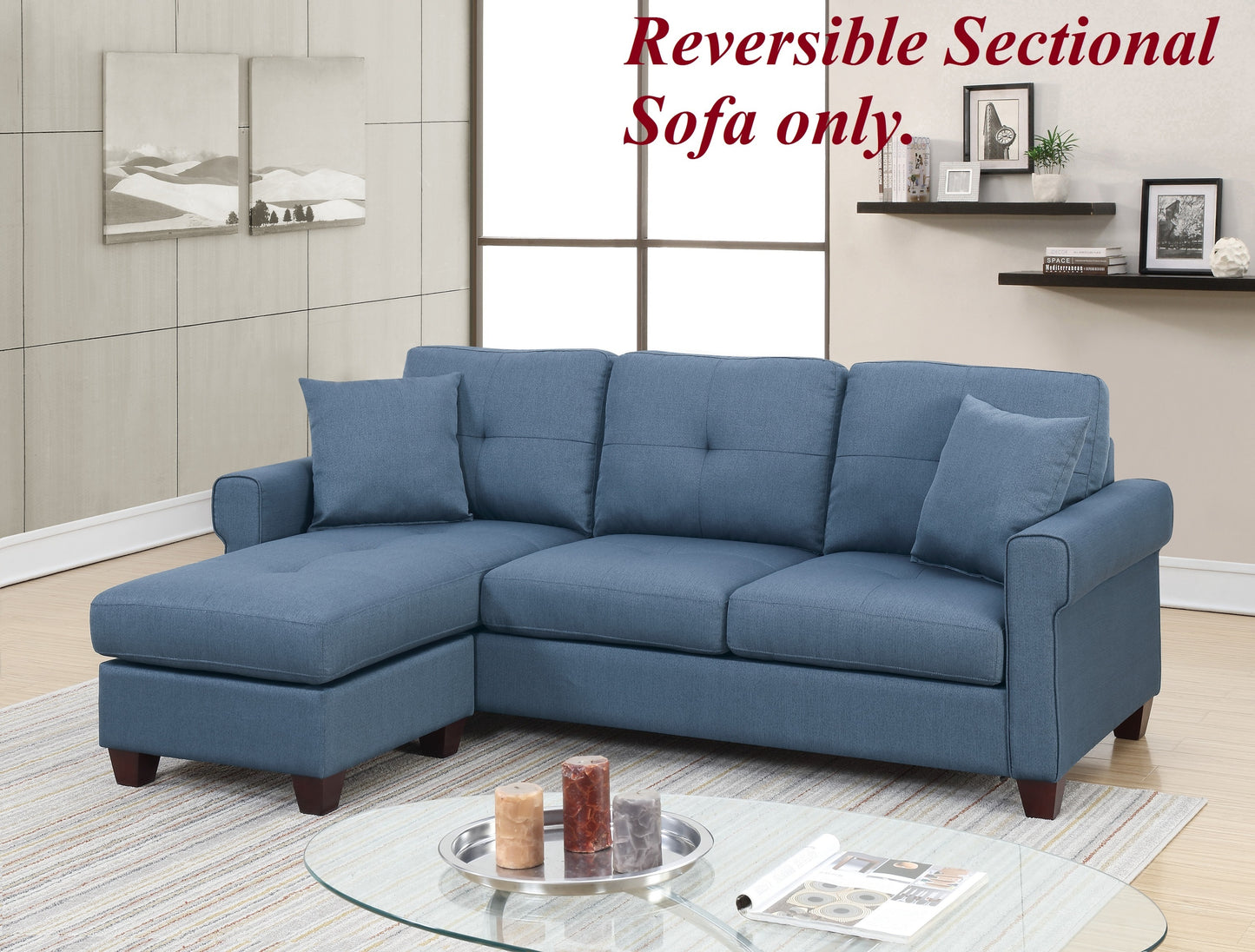 Blue Glossy Polyfiber Tufted Cushion Sectional Sofa Chaise: Reversible Living Room Furniture with Unique Color & Size