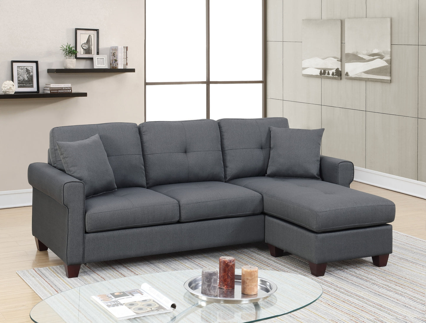 Charcoal Glossy Polyfiber Tufted Cushion Sectional Sofa Chaise: Reversible, Living Room Furniture, Size Options