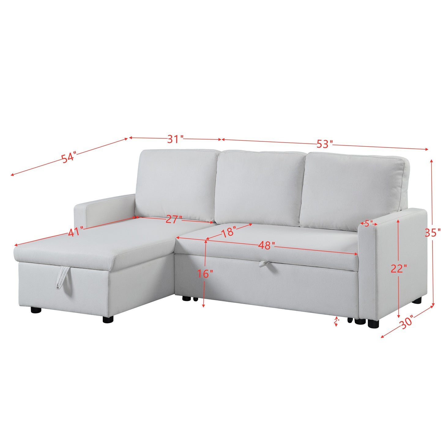 ACME Sleeper Sectional Sofa w/Storage, White Fabric - Comfortable & Stylish LV00971