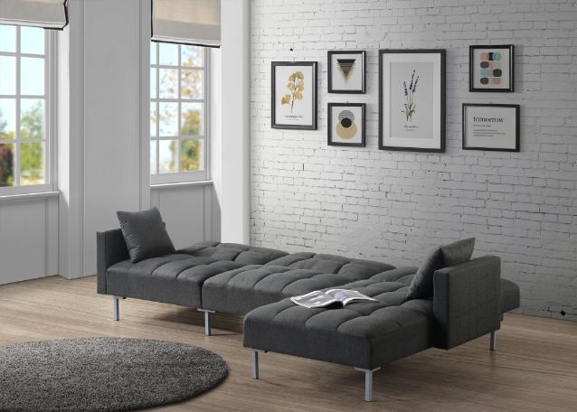 Reversible Adjustable Sectional Sofa w/2 Pillows, Dark Gray Fabric - ACME Duzzy 50485