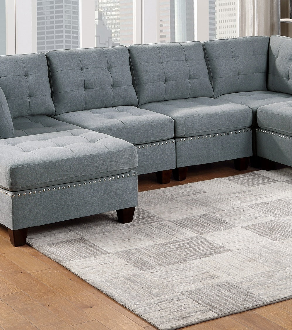 Modular Sectional 6pc Set Living Room Furniture - U-Sectional Tufted Nail Heads Couch in Gray Linen-Like Fabric with 2x Corner Wedge, 2x Armless Chairs, and 2x Ottomans