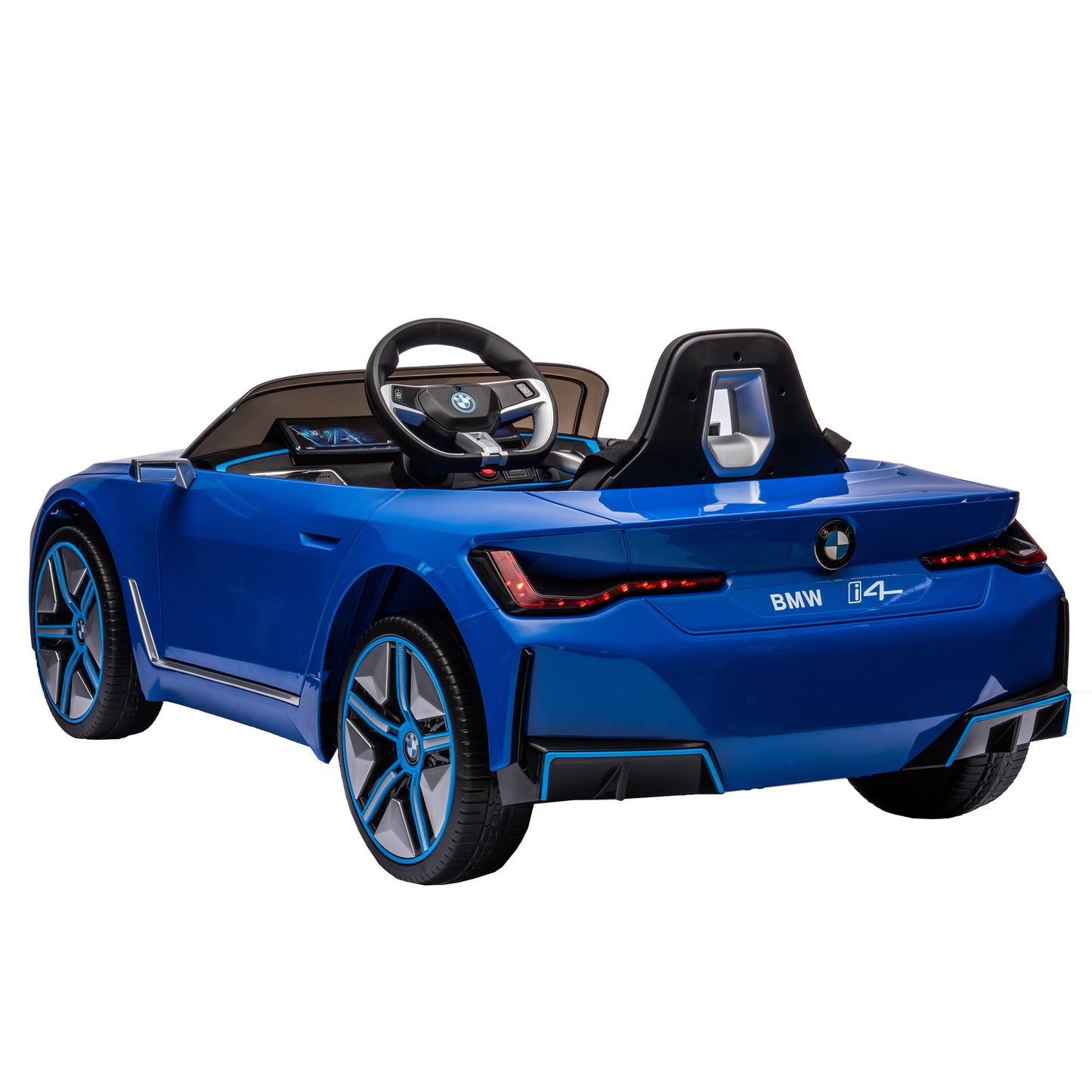 Licensed BMW I4, 12v Kids Ride-On Car with Remote Control - Electric Car for Kids, Three-Speed Adjustable, Power Display, USB, MP3, Bluetooth, LED Light, Two-Point Safety Belt, Story - Black