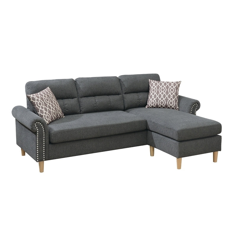 Slate Color Polyfiber Reversible Sectional Sofa Set with Chaise, Pillows, Plush Cushion, and Nailheads - Comfortable and Stylish Couch for Your Living Space