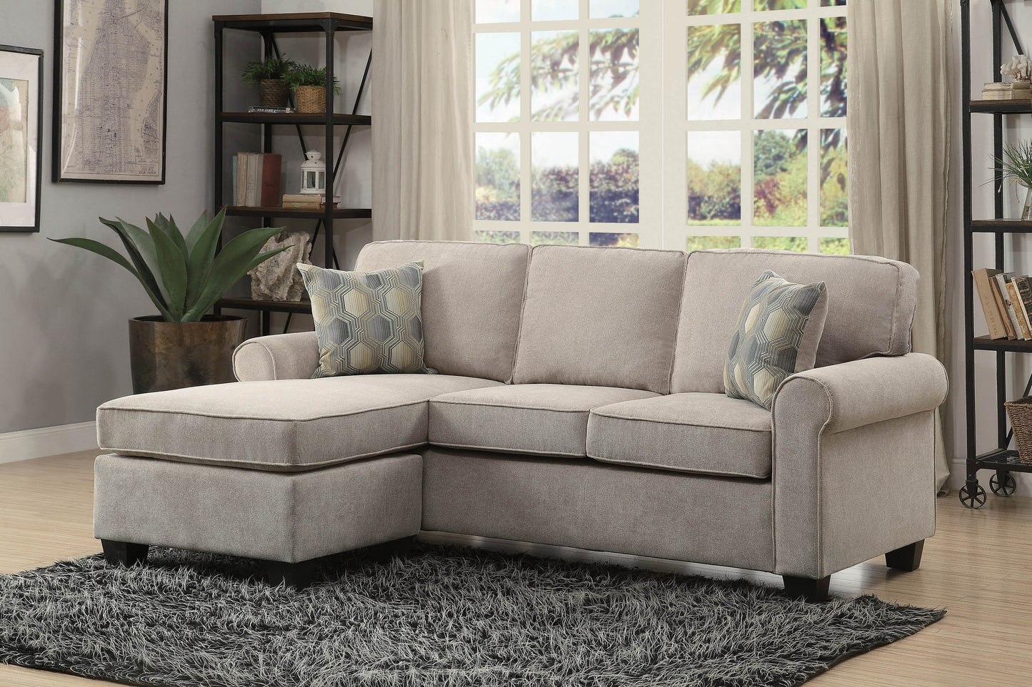 Transitional Design Sectional Sofa 1pc Reversible Chaise with 2 Pillows | Sand Microfiber Fabric Upholstered Furniture