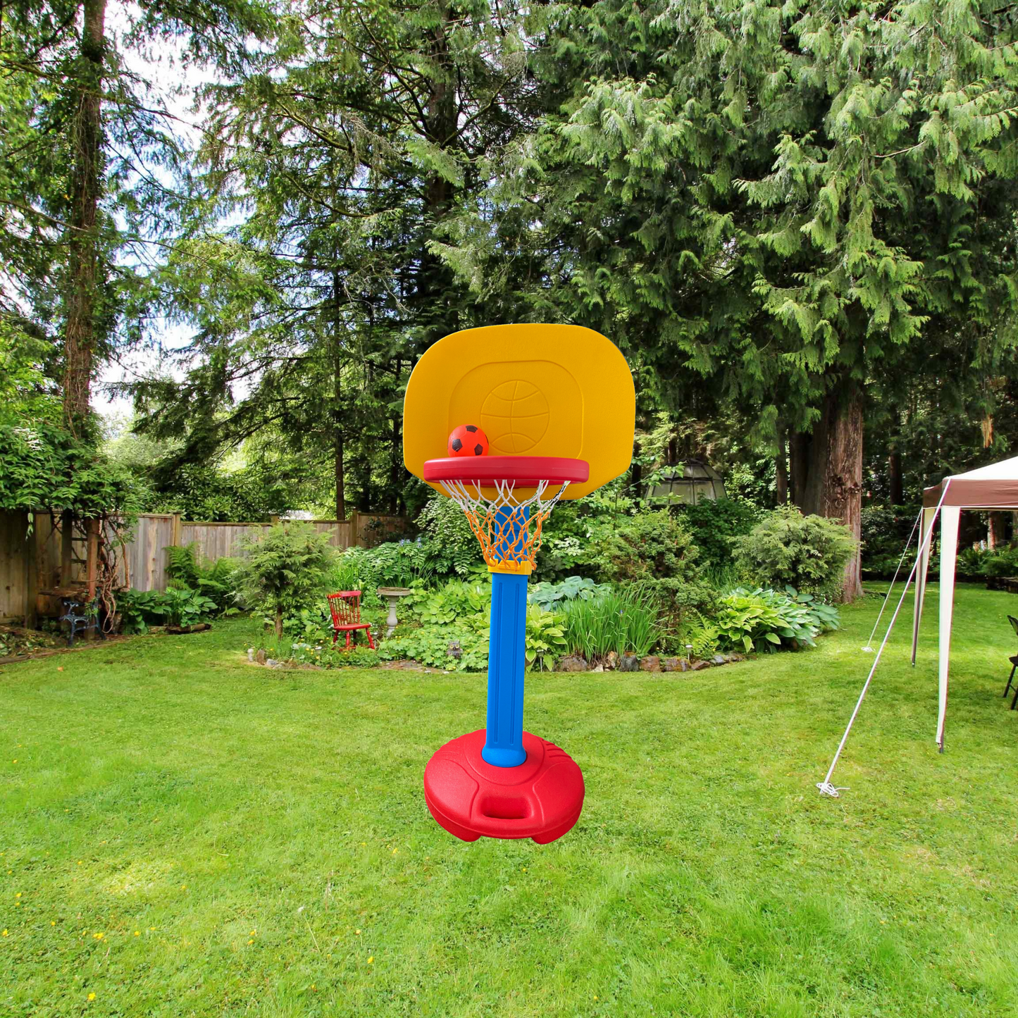 Children's Adjustable Height Indoor/Outdoor Basketball Frame Toy - Red, Yellow, and Blue - XGL001